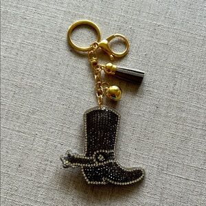 Brando New Rhinestone Grey Cowboy Boot Tassel Keychain (Gold Hardware)